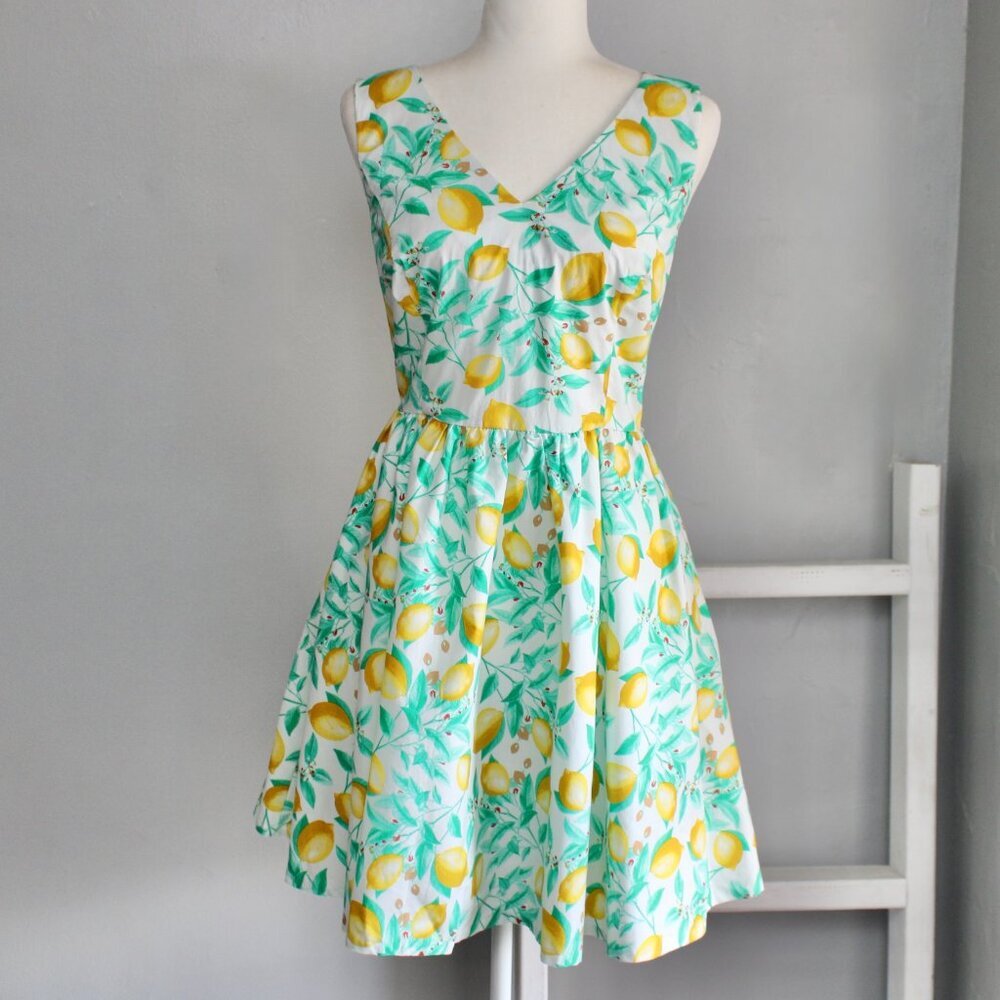Elle Green Yellow Fit & Flare A-Line Lemon Sleeveless Knee-Length Dress Size 14
